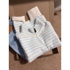 批发韩系设计感撞色条纹<b class='q'>真皮</b>拉链长袖毛衣女秋季显瘦百搭立领上衣