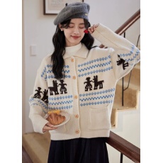 批发泡菜风轻复古<b class='q'>文艺</b><b class='q'>范</b>提花翻领排扣长袖2025秋冬新款毛衣