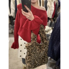 批发圣诞节穿搭新年法式大翻领红色套头毛衣女秋冬季慵懒风针织衫上衣