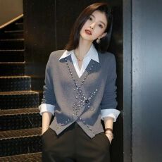 批发假两件针织开衫女士秋冬慵懒风宽松时尚洋气减龄重工打底毛衣上衣