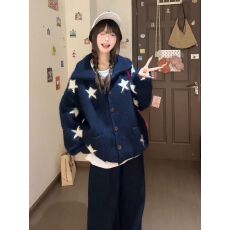 批发韩系氛围感秋冬穿搭星星<b class='q'>毛衣</b>外套女宽松慵懒高级感针织开衫上衣