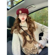 批发毛绒小狗提花套头毛衣女2025新款秋冬设计感外穿复古慵懒风针织衫