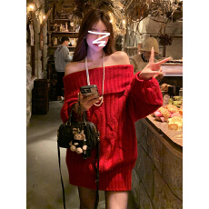 批发圣诞新年穿搭红色针织连衣裙子女秋冬季2025年新款一字肩毛衣<b class='q'>短裙</b>