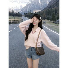 批发<b class='q'>大码</b>小香风粉色钉珠翻领毛衣<b class='q'>针织衫</b>女秋冬宽松内搭打底衫保暖上衣