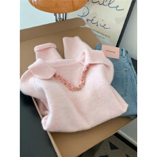 批发法式小香风粉色V领套头亮片毛衣女秋冬加厚宽松慵懒风针织衫上衣