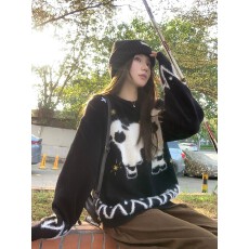 黑色软糯趣味提花图案加厚毛衣女秋季慵懒风宽松上衣针织衫