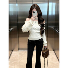 批发韩系小个子一字肩麻花针织<b class='q'>毛衣</b>女秋冬收腰显瘦高级感复古<b class='q'>短款</b>上衣