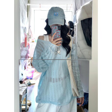 批发蓝色镂空针织防晒罩衫女夏季2026年新款韩系高级感慵懒风<b class='q'>休闲</b>上衣