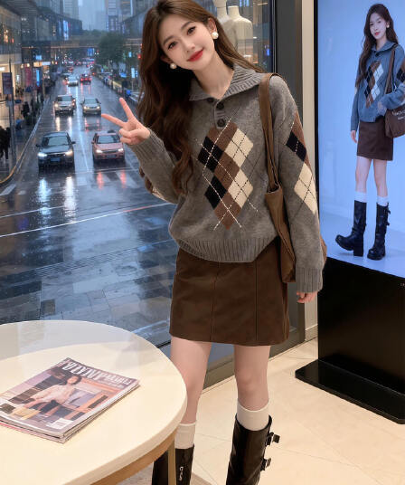 한 부서 레트로 루즈핏 링 그리드 폴로 칼라 스웨터 여자 2026 새로운 학원 스타일 슬림해 보이는 다용도 니트 스웨터 여성 셔츠