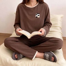 批发1*1罗纹德绒220克长袖长裤一整套宽松圆领撞色家居服外出睡衣套装