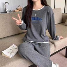 批发1*1罗纹德绒220克长袖长裤一整套宽松圆领撞色家居服外出睡衣套装