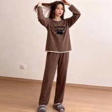 批发1*1罗纹德绒220克长袖长裤一整套宽松圆领撞色家居服外出睡衣套装