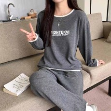 批发1*1罗纹德绒220克长袖长裤一整套宽松圆领撞色家居服外出睡衣套装