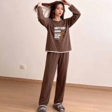 批发1*1罗纹德绒220克长袖长裤一整套宽松圆领撞色家居服外出睡衣套装