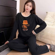 批发1*1罗纹德绒220克长袖长裤一整套宽松圆领撞色家居服外出睡衣套装