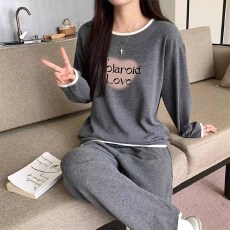 批发1*1罗纹德绒220克长袖长裤一整套宽松圆领撞色家居服外出睡衣套装