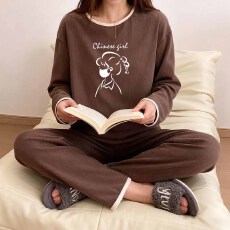 批发1*1罗纹德绒220克长袖长裤一整套宽松圆领撞色家居服外出睡衣套装