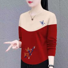 批发纯棉200克插色长袖t恤春秋款时尚宽松显瘦大码女装遮肚上衣体恤衫