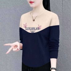 批发纯棉200克插色长袖t恤春秋款时尚宽松显瘦大码女装遮肚上衣体恤衫