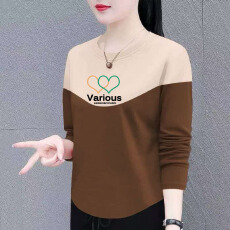 批发纯棉200克插色长袖t恤春秋款时尚宽松显瘦大码女装遮肚上衣体恤衫
