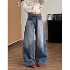批发美式复古刺绣<b class='q'>钉珠</b><b class='q'>牛仔裤</b>女2026春秋新款重工水洗宽松显瘦直筒裤子