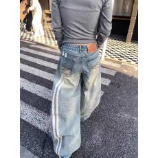 批发美式条纹弯刀牛仔裤<b class='q'>男</b>女春复古vibe微喇长裤潮牌水洗拼接<b class='q'>休闲裤</b>子