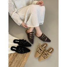 批发韩版尖头金属扣带毛呢包头拖女2025年新款春秋百搭镂空毛毛懒人鞋