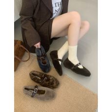 批发<b class='q'>韩版</b>方头绒面豹纹一字扣乐福鞋女2025年新款春秋百搭舒适浅口单鞋