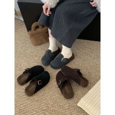 批发森系复古厚底毛呢包头半拖鞋女2025秋<b class='q'>冬</b>新款皮带扣加绒保暖勃肯鞋