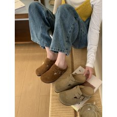 复古圆头包头半拖鞋2026新款外穿一脚蹬真皮厚底懒人鞋