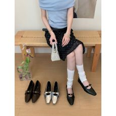 2026新款法式复古山茶花玛丽珍鞋女蝴蝶结粗跟小皮鞋圆头浅口单鞋