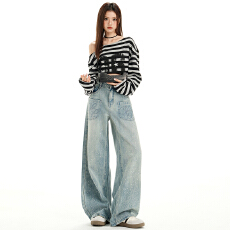 批发实拍~2025秋冬美式复古设计感<b class='q'>烫钻</b><b class='q'>牛仔裤</b>女新款立体水钻阔腿裤潮