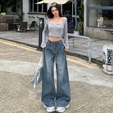 批发实拍~2025秋冬新款加绒加厚显瘦极光纹牛仔裤女<b class='q'>高腰</b>阔腿直筒裤ins