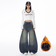 实拍~美式阔腿牛仔裤女加绒加厚遮胯显高显瘦慵懒风拖地弯刀裤女