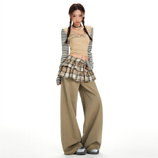 批发实拍~美式格纹荷叶边<b class='q'>裙裤</b>+卡其阔腿牛仔裤两件套2025秋季个性套装