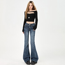 批发实拍~2025春秋新款美式复古水洗弹力微喇裤显高显瘦低腰<b class='q'>牛仔</b>裤<b class='q'>女</b>