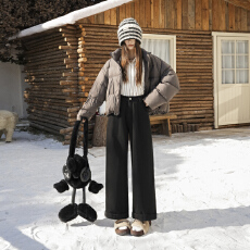 批发实拍~厚绒复古水洗翻脚边褶皱设计感牛仔裤冬百搭宽松阔腿奶奶裤