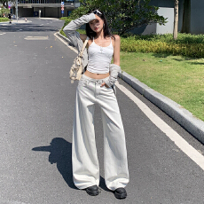 批发实拍~复古石灰白浅色<b class='q'>牛仔裤</b>阔腿裤拼接弯刀直筒推地裤春新款长裤