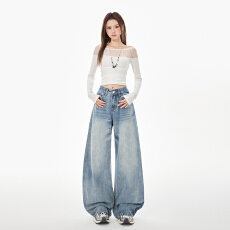 批发实拍~2026春季新款美式重工水洗弯刀无弹低腰宽松阔腿牛仔裤女ins