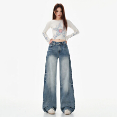 批发实拍~美式复古浅色阔腿裤女高腰垂感2026春季新款宽松<b class='q'>显瘦</b><b class='q'>牛仔裤</b>