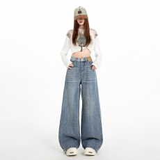 实拍~美式高腰阔腿牛仔裤女美式复古2026春季新款宽松显瘦直筒裤