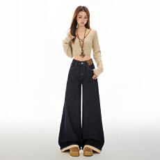 实拍~蓝加绒加厚弯刀牛仔裤女新款高腰显瘦宽松阔腿裤直筒拖地裤