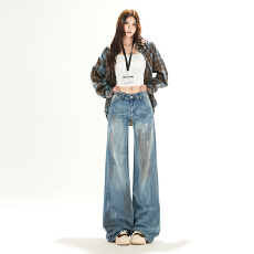 实拍~复古蓝创意涂鸦牛仔裤重工水洗做旧泥染宽松阔腿拖地脏脏裤