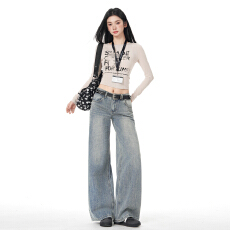 批发实拍~2026春秋新款美式复古｜竹节牛仔面料｜宽松阔腿<b class='q'>牛仔裤</b>女ins