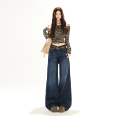 批发实拍~YKK+直筒宽松阔腿牛仔裤女美式复古百搭显瘦慵懒垂感拖地裤