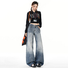 批发实拍~新款美式低腰磨白裂纹宽松复古蓝直筒牛仔裤女<b class='q'>秋</b>显瘦休闲裤