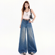 实拍~2025春夏新款复古猫须牛仔裤女设计感遮胯宽松直筒水洗裤子