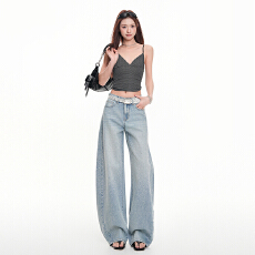 实拍~2026春夏新款韩版潮流百搭宽松垂感碎钻美式辣妹弯刀牛仔裤