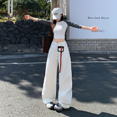 实拍~美式白色弯刀牛仔裤女2026春季新款高腰宽松显瘦垂感拖地裤