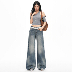 批发实拍~2026新款重工复古水洗裂纹牛仔宽松阔腿直筒垂感<b class='q'>显瘦</b>拖地裤